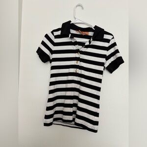 Tory Burch black and white striped polo shirt with gold logo buttons size S